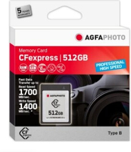 AgfaPhoto CFexpress Professional, 512 GB, CFexpress, NAND, 1700 MB/s, 1400 MB/s, Kylmänkestävä, Lämmönkestävä, Iskunkestävä, Röntgensäteenkestävä