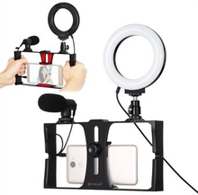PULUZ PKT3027 Photography Kit Ring LED Light Video Rig Camera Cold Shoe Head with Microphone for Liv