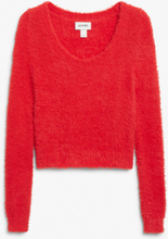 Fluffy knitted boat neck sweater - Red