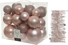 Kerstversiering kunststof kerstballen 6-8-10 cm met sterren slingers pakket lichtroze van 28x stuks