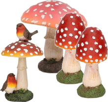 Decoratie paddenstoelen setje met 3x gewone paddenstoel en 1x met vogeltjes