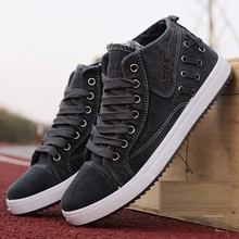 Men Denim Dark Gray British Style Lace Up High Top Casual Shoes