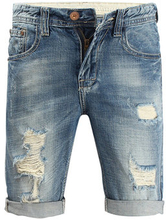 Summer Overknee Stylish Worn Hole Jeans Stone Washed Denim Shorts For Men