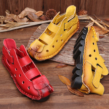 SOCOFY Large Size Vintage Hollow Out Leather Soft Breathable Flat Hool Loop Shoes