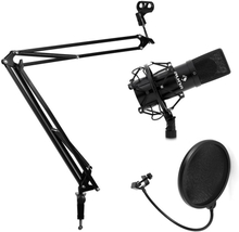 Studiomikrofon-set med mikrofon och mikrofonstativ & puffskydd svart