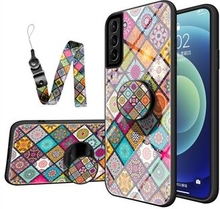 Colorful Flower Print Glass Hybrid Phone Case Protector with Stand Lanyard for Samsung Galaxy S21+ 5