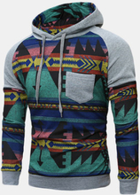 Mens Hoodies Retro Pattern Printing Stitching Front Pocket Casual Sport Hooded Tops