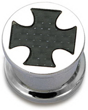 Sølvfarget Piercing Plugg med Svart Ridder Kors - Strl 12 mm