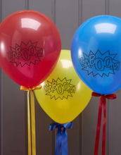 KABOOM - 10 Blå, Röda och Gula Ballonger - Pop Art Tecknadserieparty