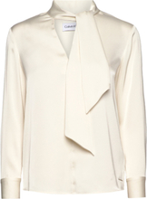 Satin Shine Ls Tie Blouse Designers Blouses Long-sleeved Cream Calvin Klein
