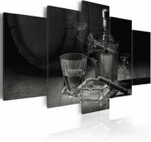 Schilderij - Mannen avond Zwart-Wit , whisky en sigaar , 5 luik, print op echt Italiaans canvas, wanddecoratie