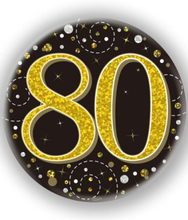 80-års Feiring Svart og Gullfarget Holografisk Stor Button/Badge