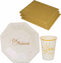Tafel dekken Ramadan Mubarak feestartikelen wit/goud 16x bordjes/16x drink bekers/20x servetten
