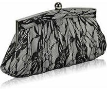 Elegancka torebka wieczorowa z koronką, satynowa torebka w kolorze ivory z czarną koronką 0191