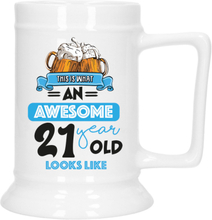 Cadeau Bierpul voor 21 jaar - blauw - grappige leeftijd bierpul - keramiek - 530 ml
