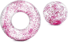 Intex set opblaasbare roze glitter zwemband/zwemring met strandbal