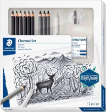 Staedtler Charcoal Set - 6 mustaa kynää, 3 hiilikynää, tehosekoitin, pyyhekumi, teroitin
