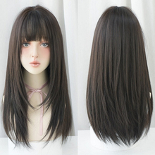 Ladies Long Straight Hair Air Bangs Wig Hair Set, Colour: Black Brown