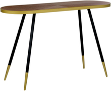 Konsolipöytä tumma puu/kulta ovaali 3 mustaa piikkijalkaa moderni tyyli