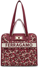 Pre-owned Ferragamo Iconic Double Gancini Canvas Satchel Red