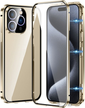 For iPhone 15 Pro Max Magnetic Double-buckle HD Tempered Glass Phone Case(Gold)