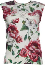 Dolce; Gabbana White Floral Print Silk Knit Lace Trim Top