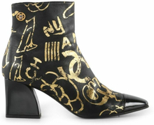 Chanel Black and Metallic Gold Leather Graffiti Ankel Booties
