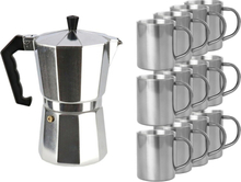 Zilveren percolator/espresso koffie apparaat met 12x RVS kopjes
