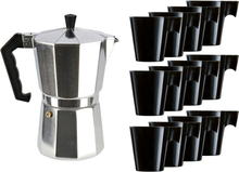Zilveren percolator/espresso koffie apparaat met 12x zwarte kopjes