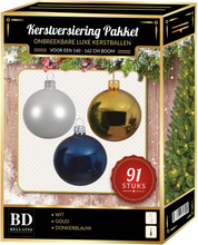 Kerstbal en piek set 91x goud-wit-donkerblauw voor 150 cm boom
