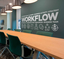 Bedrijf sticker met teksten over 'workflow'