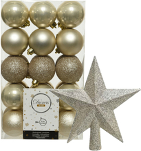 30x stuks kunststof kerstballen 6 cm inclusief ster piek champagne