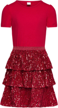 Dress S S Sequin Flounce Skirt Dresses & Skirts Dresses Casual Dresses Short-sleeved Casual Dresses Rød Lindex*Betinget Tilbud