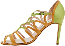 Manolo Blahnik Green/Gold Satin and Leather Cut Out Strappy Sandals