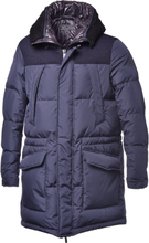 Long down jacket in blue fabric
