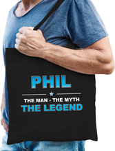 Naam Phil The Man, The myth the legend tasje zwart - Cadeau boodschappentasje