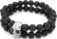 Double Beaded Bracelet With Lava-St , Onyx And Silver Skull Armbånd Smykker Black Nialaya