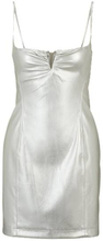 Metallic faux-leather mini dress with notch neckline