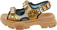 Gucci Gold Leather and Mesh Crystal Aguru Chunky Ankel Strap Sandals