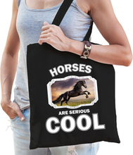 Katoenen tasje horses are serious cool zwart - paarden/ zwart paard cadeau tas