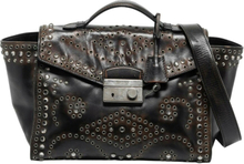 Prada Brown Crystal Stiged Leather Sound Twin Pocket Top Handle Bag