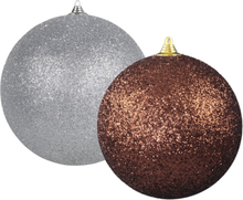 Kerstversieringen set van 2x extra grote kunststof kerstballen bruin en zilver 25 cm glitter