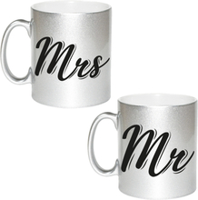 Mrs and Mr bruiloft / bruidspaar cadeau koffiemok / theebeker zilver 330 ml