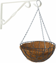 Hanging basket met klassieke muurhaak wit en kokos inlegvel - metaal - complete hanging basket set