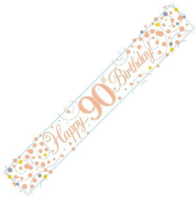 Happy 90th Birthday - 2,7 Meter Hvit og Rosegull Holografisk Banner