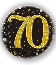 70-års Feiring Svart og Gullfarget Holografisk Stor Button/Badge
