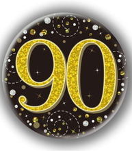 90-års Feiring Svart og Gullfarget Holografisk Stor Button/Badge