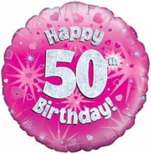 Happy 50th Birthday - Rosa Holografisk Folieballong 45 cm