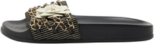 Pre-eide Chanel Czarny Fabric and Leather CC Camellia Chain Link Slide Sandals Størrelse 37