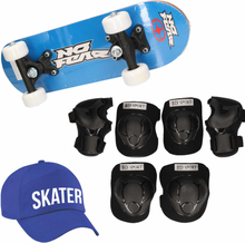 Skateboard set voor kinderen L 9-10 jaar/valbescherming/skater pet/skateboard met print 43 cm blauw